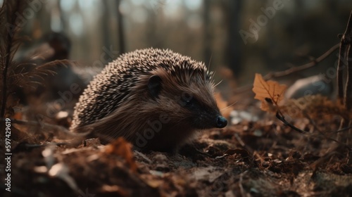 a hedgehog walks through the forest in search of food