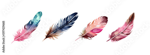 Colorful bird feather watercolor set isolated on white background. Vintage boho decorative elements vector illustration