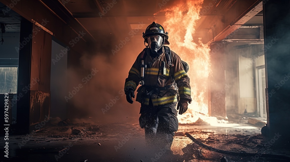 Firefighter in front of a burning house. Fireman, burning building, rescue, extinguish. Firefighter and industrial safety concept. Generative AI Firefighter in front of a burning house. Fireman, burning building, rescue, extinguish. Firefighter and industrial safety concept. Generative AI