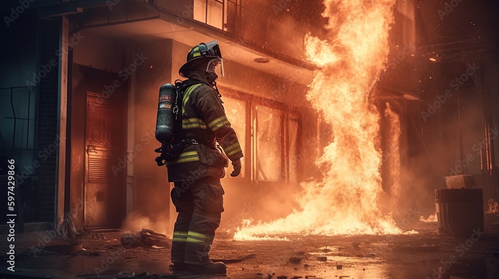 Firefighter in front of a burning house. Fireman, burning building, rescue, extinguish. Firefighter and industrial safety concept.  Generative AI