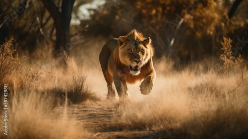 a lion runs after prey in the savannah. Generative AI