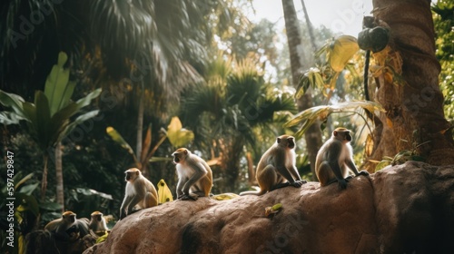 monkeys jump sitting on a tree in the tropics