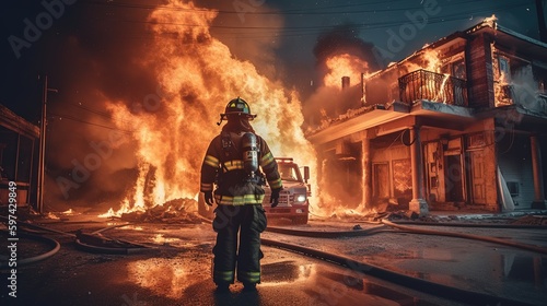 Firefighter in front of a burning house. Fireman, burning building, rescue, extinguish. Firefighter and industrial safety concept.  Generative AI © Nadia