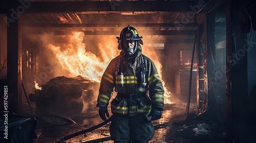Firefighter in front of a burning house. Fireman, burning building, rescue, extinguish. Firefighter and industrial safety concept. Generative AI