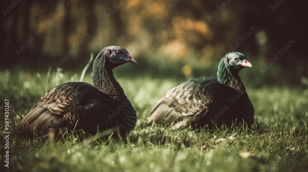 turkeys on the grass on the lawn. Generative AI turkeys on the grass on the lawn. Generative AI