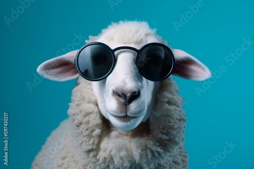 Funny sheep with glasses on a blue background, created by a neural network, Generative AI technology