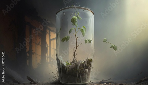 A plant in a bottle at an abandoned house. AI