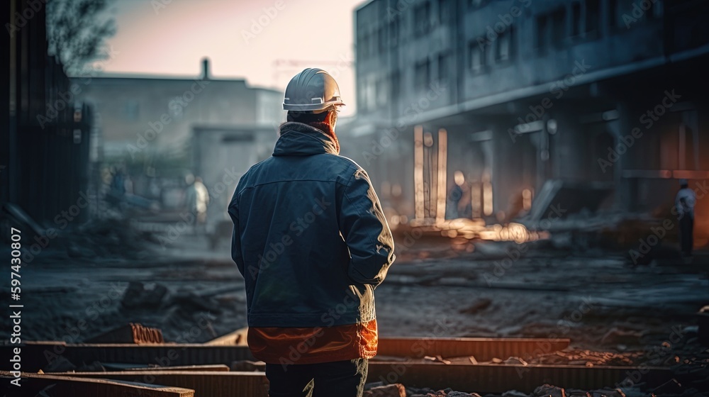 A worker from behind at a construction site in full-length special work clothes. Generative AI A worker from behind at a construction site in full-length special work clothes. Generative AI