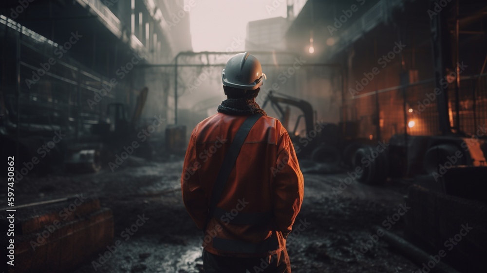 A worker from behind at a construction site in full-length special work clothes. Generative AI A worker from behind at a construction site in full-length special work clothes. Generative AI