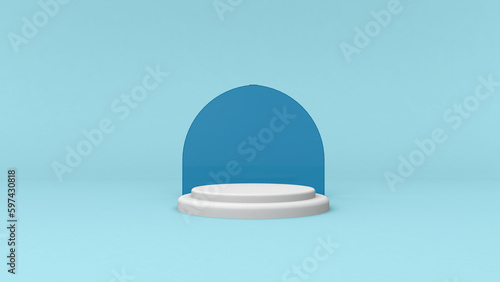 Empty podium or pedestal display on blue background with cylinder stand empty round podium silver podium product stand platform for showing any products © Gezza Graphix