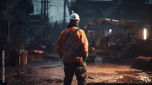 Back view of worker contractor wearing hard hat and safety vest. Worker walks on industrial building construction site. In the background crane, concrete formwork frames. Generative AI