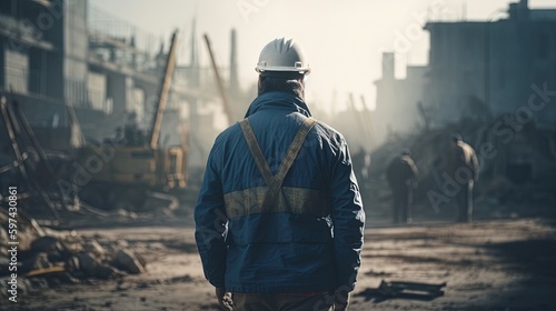Back view of worker contractor wearing hard hat and safety vest. Worker walks on industrial building construction site. In the background crane, concrete formwork frames. Generative AI