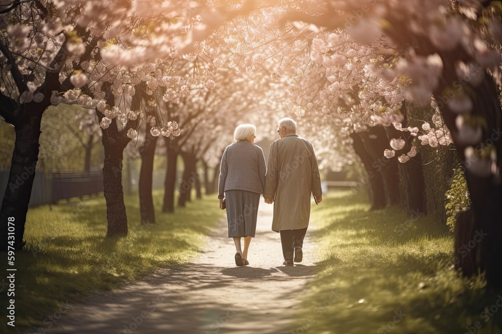 Happy senior couple walking in the park. generative ai. Happy senior couple walking in the park. generative ai.