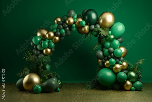 Green and gold balloon arch on green backdrop. Generative AI