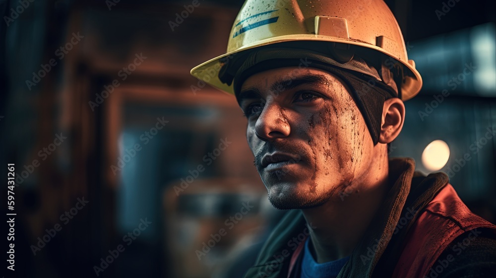 Tired builder in a protective helmet. Close-up of the builder's face. Dirty builder face. A worker at a construction site in special work clothes. Generative AI Tired builder in a protective helmet. Close-up of the builder's face. Dirty builder face. A worker at a construction site in special work clothes. Generative AI