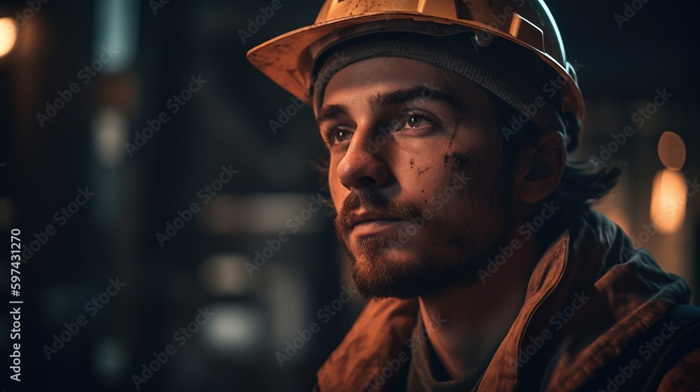 Tired builder in a protective helmet. Close-up of the builder's face. Dirty builder face. A worker at a construction site in special work clothes. Generative AI
