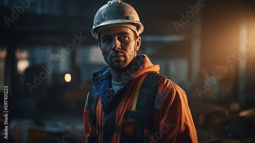 Tired builder in a protective helmet. Close-up of the builder's face. Dirty builder face. A worker at a construction site in special work clothes. Generative AI