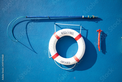 rescue equipment white rubber ring blue hook lifebuoy
