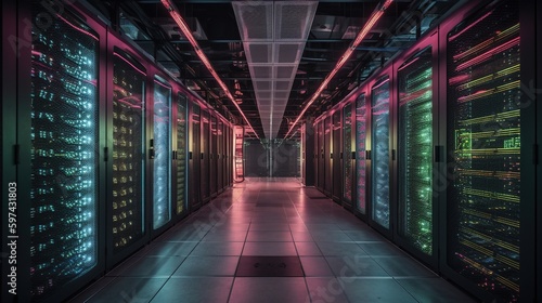 Server room. Big data storage and cloud computing business concept: server room interior in data center. Generative AI © Nadia