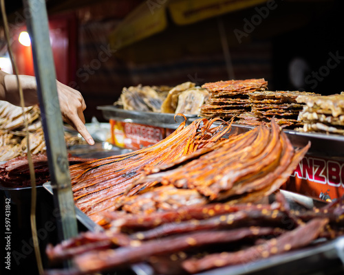 Meat on display in cambodian night market photo