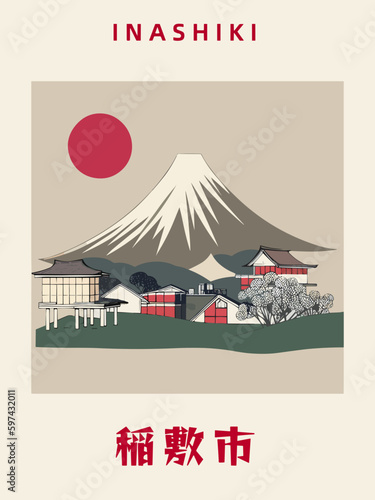 Inashiki: Japanisches Vintage Poster mit einer Illustration und dem Stadtnamen Inashiki in der Präfektur Ibaraki