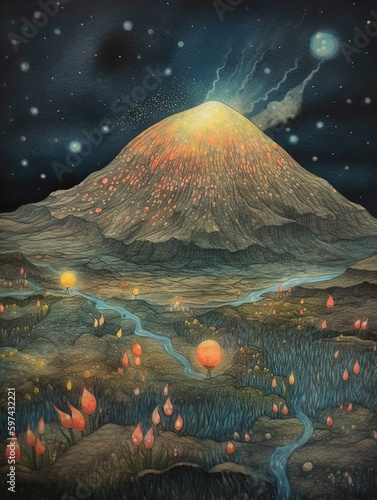 Ancient mountain by night