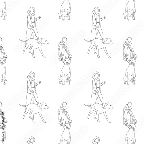 Woman character with dog pattern. Flat illustration. Pets, domestic animals border, website design or landing page