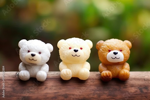three cute teddy bears sitting on a wooden table. Generative AI © AkuAku