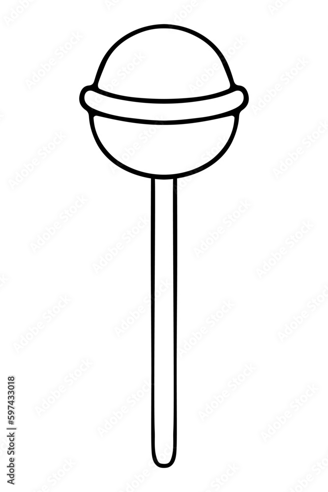 Round lollipop. Sketch. Sweet treat for kids. Vector illustration. Outline on isolated background. Doodle style. Coloring book for children. Delicious caramel. Idea for web design.
