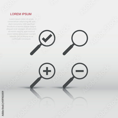 Vector set of loupe icon in flat style. Magnifier sign illustration pictogram. Search business concept.