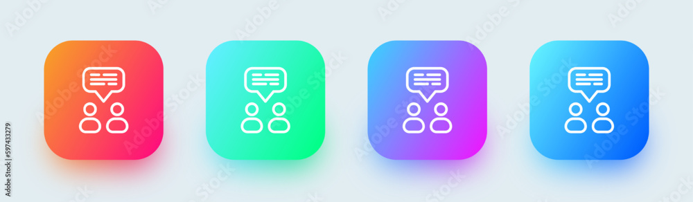 Group chat line icon in square gradient colors. Dialogue signs vector illustration. Group chat line icon in square gradient colors. Dialogue signs vector illustration.