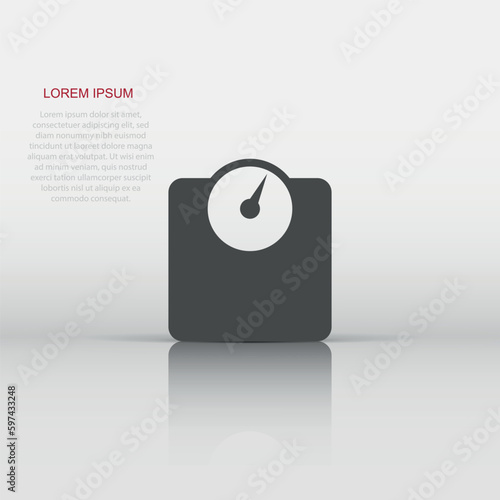 Vector bathroom scale weigher icon in flat style. Weigher sign illustration pictogram. Balance business concept.
