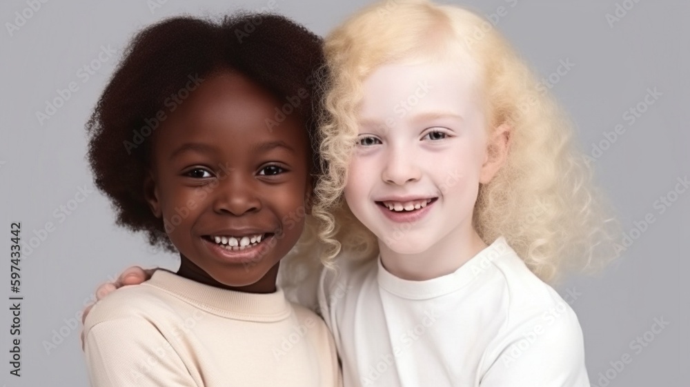 Children of several races and ethnicities posing with smiles for the camera, including an albino black youngster and joyful caucasian females. secluded in a studio. The Generative AI Children of several races and ethnicities posing with smiles for the camera, including an albino black youngster and joyful caucasian females. secluded in a studio. The Generative AI