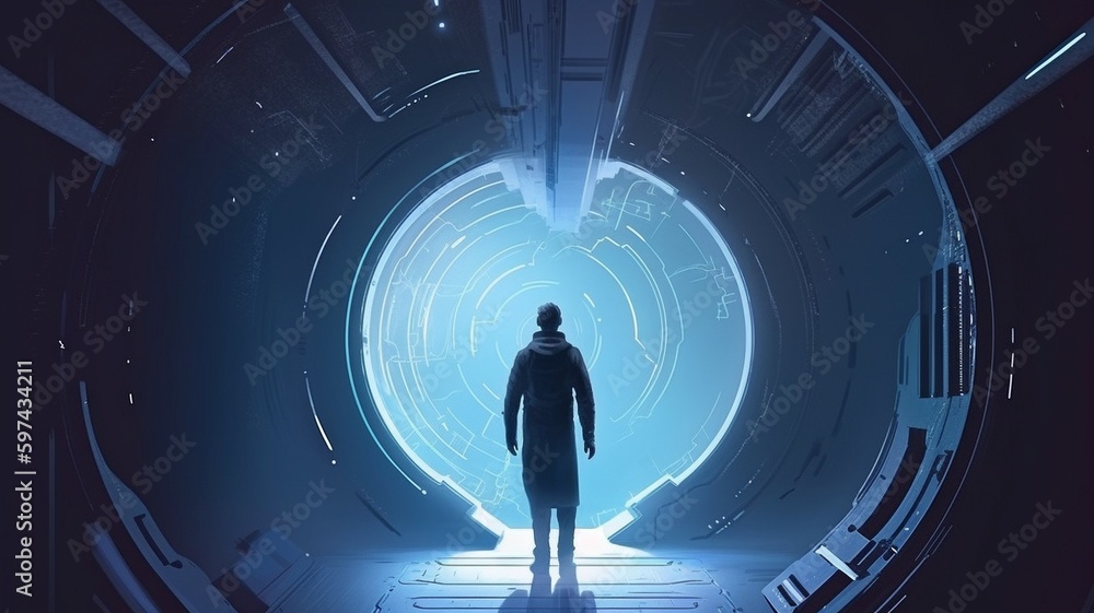 sci-fi illustration painting with a man posing at a future gateway in a digital art style. The Generative AI sci-fi illustration painting with a man posing at a future gateway in a digital art style. The Generative AI