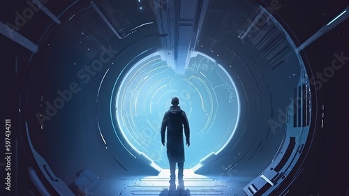 sci-fi illustration painting with a man posing at a future gateway in a digital art style. The Generative AI