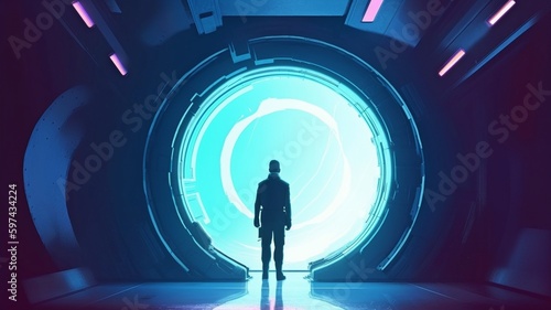 sci-fi illustration painting with a man posing at a future gateway in a digital art style. The Generative AI