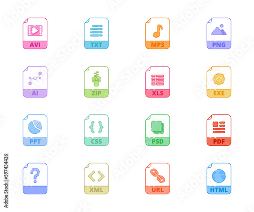 File type, document format icon set: avi, txt, mp3, png, zip, ai. Large file flat vector icon collection  for website, print, banner, mobile or desktop application. Flat vector colourful pictogram. 