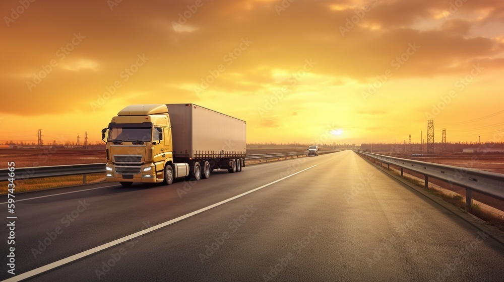 Logistics and Truck Transportation Aerial shot, Transportation Industry Background, Truck with Red Container run on highway road at sunset sky with motion blur, The Generative AI