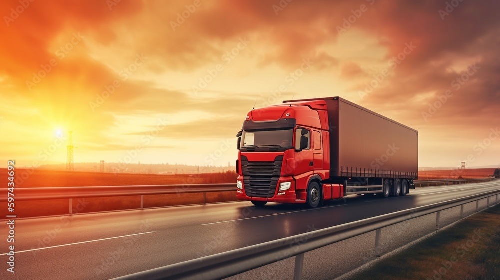 Logistics and Truck Transportation Aerial shot, Transportation Industry Background, Truck with Red Container run on highway road at sunset sky with motion blur, The Generative AI