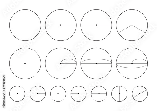 中心と直径および半径を実線で記入した円のセット - 長さを示す図形やグラフのテンプレート
