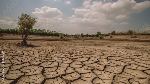 The image depicts the effects of the drought, including fractured soil and a lack of seasonal rain. due to a result of global warming. notion of global warming. The Generative AI