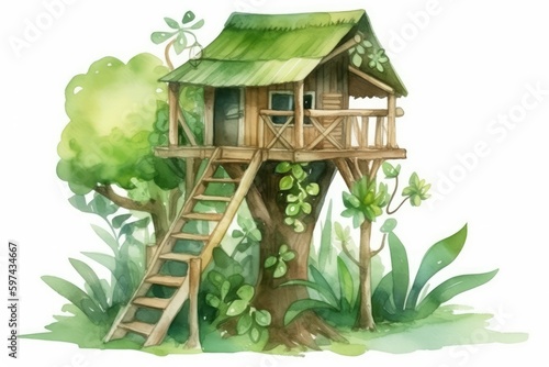 tree house with a green roof and stairs. Generative AI