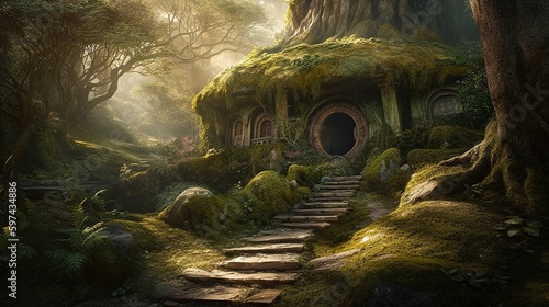 Fantasy Hobbit style house in the forest. Concept art illustration of hobbit fantasy adventure. Generative AI photo