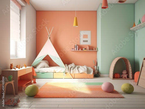 Bedroom decoratoin with fun and happy vibes, with soft pastel colors, suitabel for children room. Generative ai photo