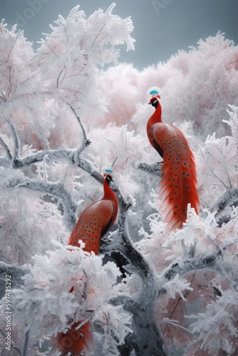 red and white peacock in snow. Generative ai