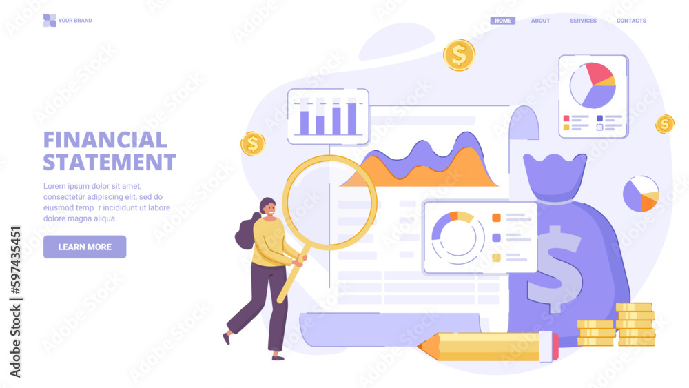 Financial audit, income growth, business plan, financial report, accountant service, personal financial consultant. Design concept for landing page.Flat vector illustration with characters for website