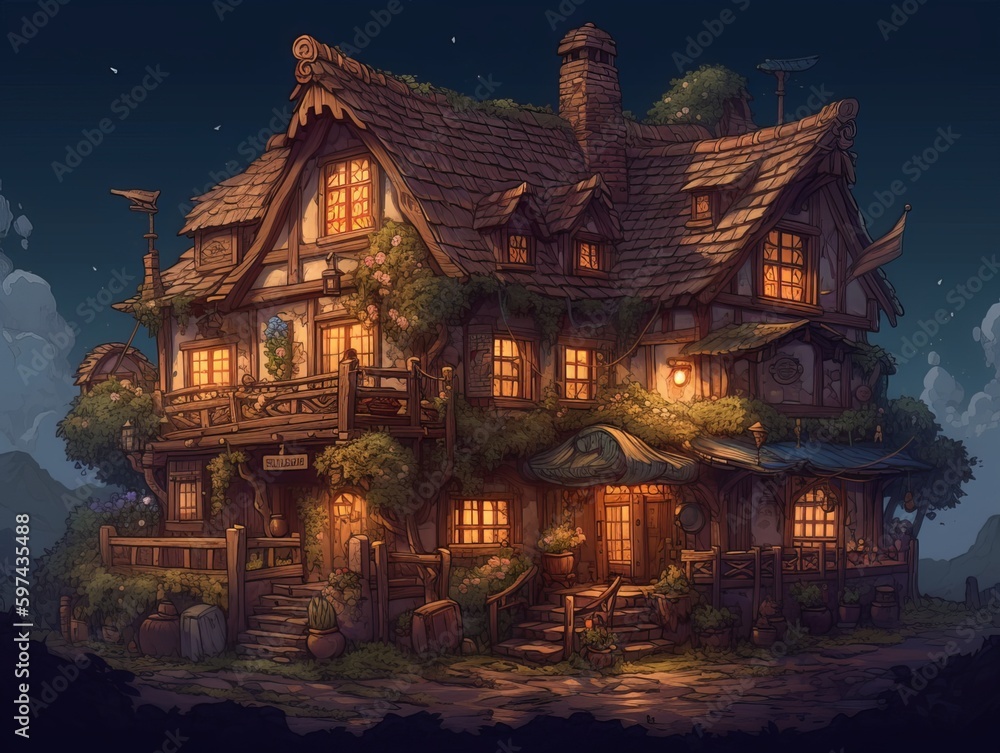 Illustration of a wooden house, cartoon style, fantasy art wallpaper, suitable for game assets. Generative ai