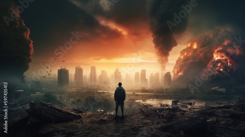 A man in a ruined city among the ruins after the apocalypse. Apocalypse in a big modern city. Generative AI 