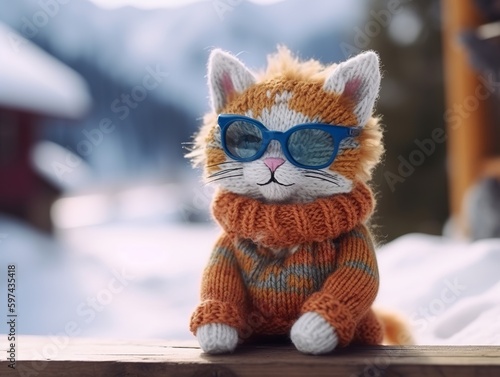 Cat knitted doll,  wearing a blie glasses and orange, yellow sweater, cute and super adorable. Generative ai photo