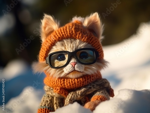 Cat knitted doll, wearing a glasses and a sweater on a snowy background. Generative ai